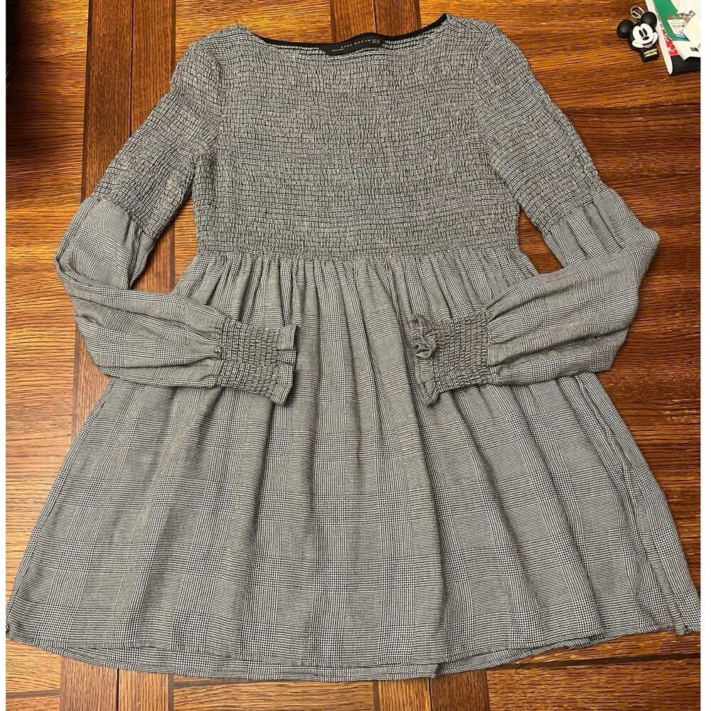 Zara Grey Smocked Plaid Babydoll Blouse Balloon Sleeve Tunic Top Houndstooth XS - Picture 10 of 12